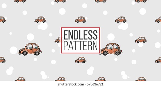 Funny cute hand drawn kids toy transport. Baby bright cartoon car and bonny route vector seamless pattern on light background. Set of isolated elements. 