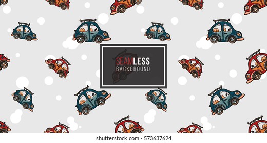 Funny cute hand drawn kids toy transport. Baby bright cartoon car, tractor, truck, droll wheels, let's work, vroom vroom vector seamless pattern on light background. 