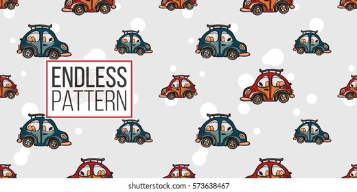 Funny cute hand drawn kids toy transport. Baby bright cartoon car, tractor, truck, droll wheels, let's work, vroom vroom vector seamless pattern on light background. 