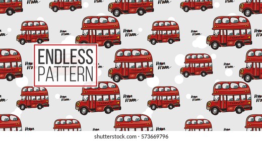 Funny cute hand drawn kids toy transport. Baby bright cartoon bus and vroom vroom vector seamless pattern on light background. Set of isolated elements. 