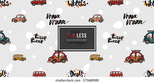 Funny cute hand drawn kids toy transport. Baby bright cartoon bus, car, droll wheels, vroom vroom, beep beep vector seamless pattern on light background. Set of isolated elements. 