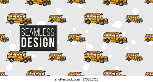 Funny cute hand drawn kids toy transport. Baby bright cartoon bus, car, bonny route vector seamless pattern on light background. Set of isolated elements. 