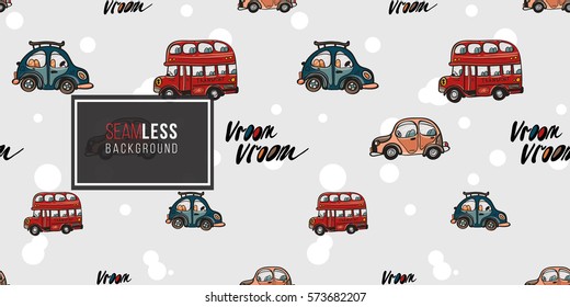 Funny cute hand drawn kids toy transport. Baby bright cartoon bus, car, vroom vroom vector seamless pattern on light background. Set of isolated elements. 