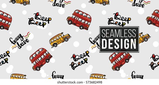 Funny cute hand drawn kids toy transport. Baby bright cartoon bus, funny drive, beep beep vector seamless pattern on light background. Set of isolated elements. 