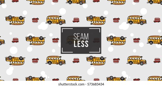 Funny cute hand drawn kids toy transport. Baby bright cartoon bus, tractor, car, truck, droll wheels, let's work, vroom vroom vector seamless pattern on light background. 