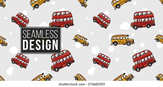 Funny cute hand drawn kids toy transport. Baby bright cartoon bus, tractor, car, truck, droll wheels, let's work, vroom vroom vector seamless pattern on light background. 