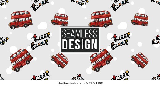 Funny cute hand drawn kids toy transport. Baby bright cartoon bus and beep beep vector seamless pattern on light background. Set of isolated elements. 