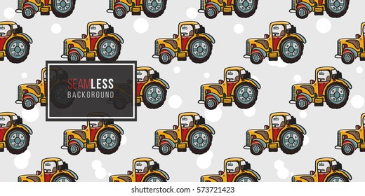 Funny cute hand drawn kids toy transport. Baby bright cartoon agrimotor, truck, tractor, car, droll wheels, let's work, vroom vroom vector seamless pattern on light background. 