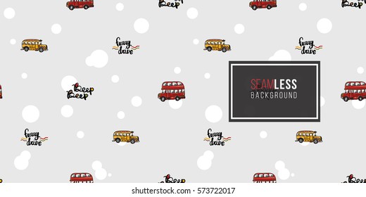 Funny cute hand drawn kids toy transport. Baby bright cartoon bus, funny drive, beep beep vector seamless pattern on light background. Set of isolated elements. 