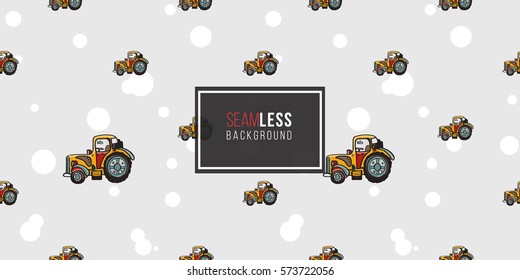 Funny cute hand drawn kids toy transport. Baby bright cartoon agrimotor, truck, tractor, car, droll wheels, let's work, vroom vroom vector seamless pattern on light background. 