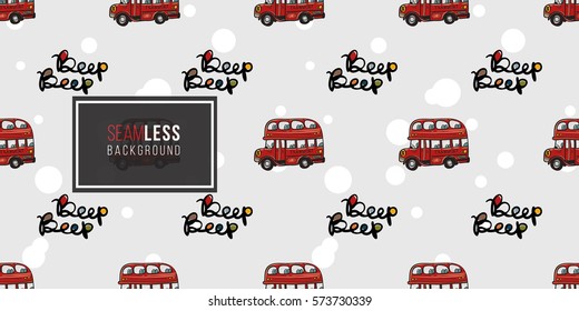 Funny cute hand drawn kids toy transport. Baby bright cartoon bus and beep beep vector seamless pattern on light background. Set of isolated elements. 