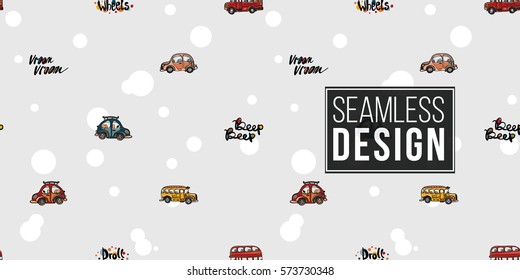 Funny cute hand drawn kids toy transport. Baby bright cartoon bus, car, droll wheels, vroom vroom, beep beep vector seamless pattern on light background. Set of isolated elements. 