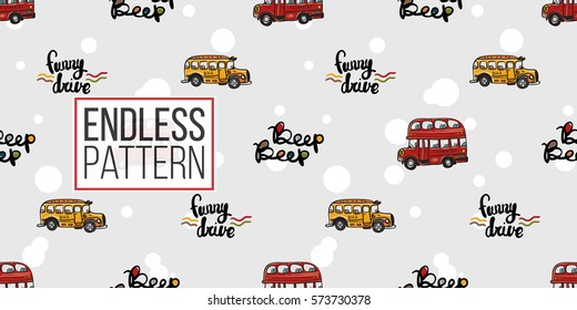 Funny cute hand drawn kids toy transport. Baby bright cartoon bus, funny drive, beep beep vector seamless pattern on light background. Set of isolated elements. 