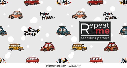 Funny cute hand drawn kids toy transport. Baby bright cartoon bus, car, droll wheels, vroom vroom, beep beep vector seamless pattern on light background. Set of isolated elements. 