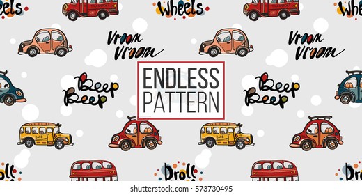 Funny cute hand drawn kids toy transport. Baby bright cartoon bus, car, droll wheels, vroom vroom, beep beep vector seamless pattern on light background. Set of isolated elements. 