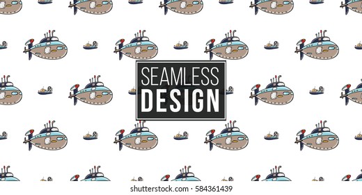 Funny cute hand drawn kids toy water transport for nursery decoration. Baby bright cartoon hovercraft and submarine seamless pattern on white background. Vector illustration.