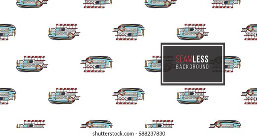 Funny cute hand drawn kids toy water transport for nursery decoration. Baby bright cartoon water-tram seamless pattern on white background. Vector illustration.