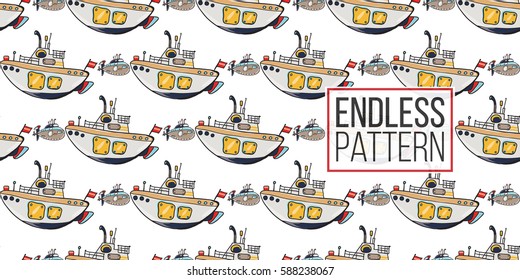 Funny cute hand drawn kids toy water transport for nursery decoration. Baby bright cartoon underwater and submarine seamless pattern on white background. Vector illustration.