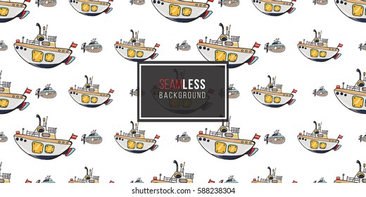 Funny cute hand drawn kids toy water transport for nursery decoration. Baby bright cartoon underwater and submarine seamless pattern on white background. Vector illustration.