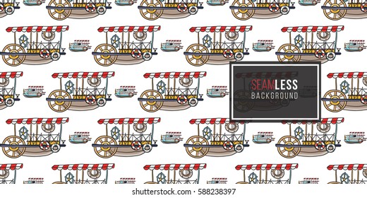 Funny cute hand drawn kids toy water transport for nursery decoration. Baby bright cartoon water-tram and water-bus seamless pattern on white background. Vector illustration.