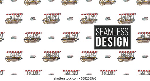 Funny cute hand drawn kids toy water transport for nursery decoration. Baby bright cartoon water-tram and water-bus seamless pattern on white background. Vector illustration.
