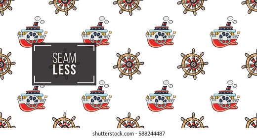 Funny cute hand drawn kids toy water transport for nursery decoration. Baby bright cartoon steering-wheel and steamship seamless pattern on white background. Vector illustration.