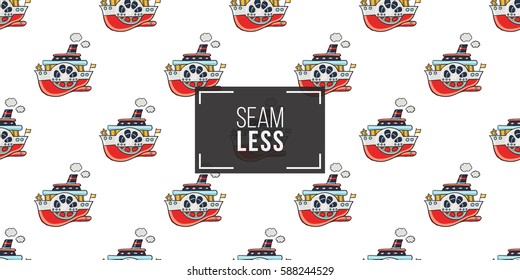 Funny cute hand drawn kids toy water transport for nursery decoration. Baby bright cartoon steamship seamless pattern on white background. Vector illustration.