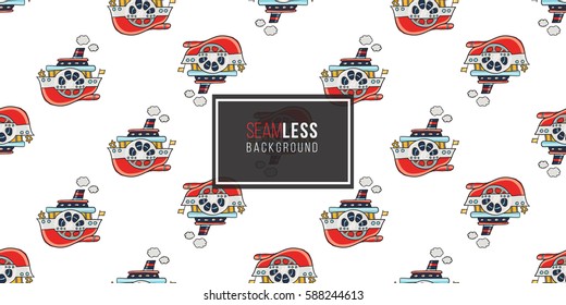 Funny cute hand drawn kids toy water transport for nursery decoration. Baby bright cartoon steamship seamless pattern on white background. Vector illustration.