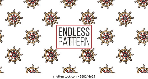 Funny cute hand drawn kids toy water transport for nursery decoration. Baby bright cartoon steering-wheel seamless pattern on white background. Vector illustration.