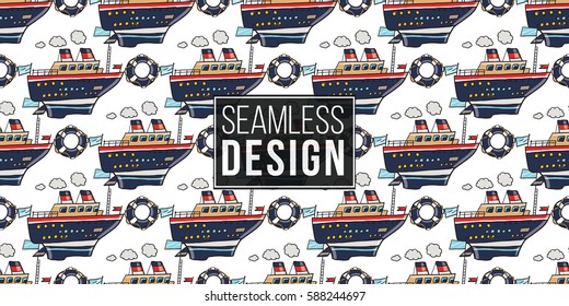 Funny cute hand drawn kids toy water transport for nursery decoration. Baby bright cartoon lifering and Cruise-ship seamless pattern on white background. Vector illustration.