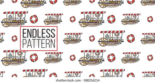 Funny cute hand drawn kids toy water transport for nursery decoration. Baby bright cartoon lifeline and water-bus seamless pattern on white background. Vector illustration.