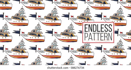 Funny cute hand drawn kids toy water transport for nursery decoration. Baby bright cartoon flag and boat seamless pattern on white background. Vector illustration.