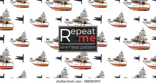 Funny cute hand drawn kids toy water transport for nursery decoration. Baby bright cartoon flag and boat seamless pattern on white background. Vector illustration.