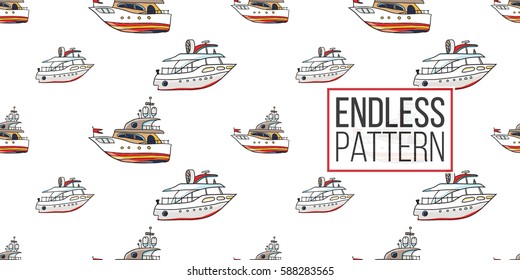Funny cute hand drawn kids toy water transport for nursery decoration. Baby bright cartoon boat and yacht seamless pattern on white background. Vector illustration.