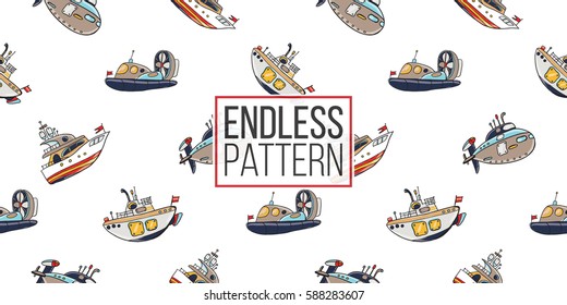 Funny cute hand drawn kids toy water transport for nursery decoration. Baby bright cartoon boat, hovercraft, underwater, submarine seamless pattern on white background. Vector illustration.
