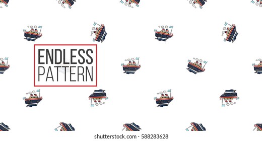 Funny cute hand drawn kids toy water transport for nursery decoration. Baby bright cartoon Cruise-ship seamless pattern on white background. Vector illustration.