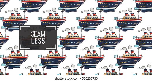 Funny cute hand drawn kids toy water transport for nursery decoration. Baby bright cartoon Cruise-ship seamless pattern on white background. Vector illustration.
