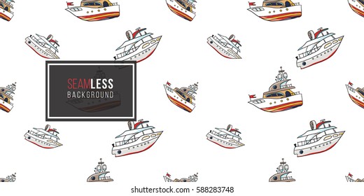 Funny cute hand drawn kids toy water transport for nursery decoration. Baby bright cartoon boat and yacht seamless pattern on white background. Vector illustration.