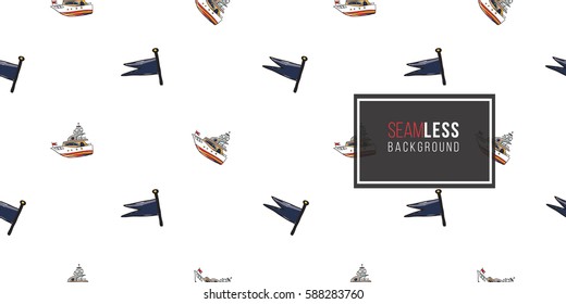 Funny cute hand drawn kids toy water transport for nursery decoration. Baby bright cartoon flag and boat seamless pattern on white background. Vector illustration.