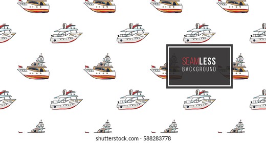 Funny cute hand drawn kids toy water transport for nursery decoration. Baby bright cartoon boat and yacht seamless pattern on white background. Vector illustration.