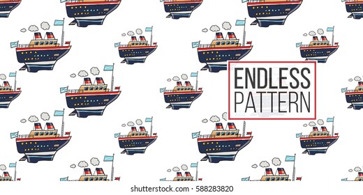 Funny cute hand drawn kids toy water transport for nursery decoration. Baby bright cartoon Cruise-ship seamless pattern on white background. Vector illustration.