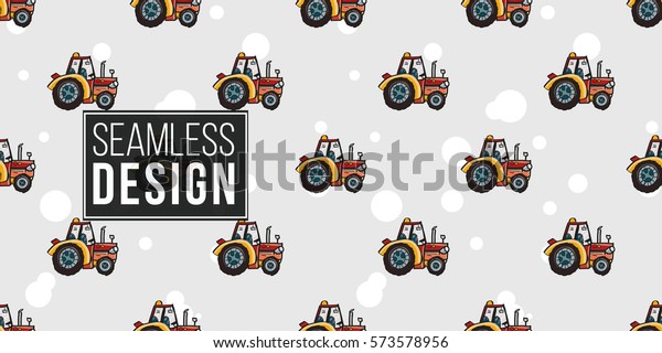 Funny cute hand drawn kids toy\
transport. Baby bright cartoon tractor, car, bonny route vector\
seamless pattern on light background. Set of isolated elements.\
