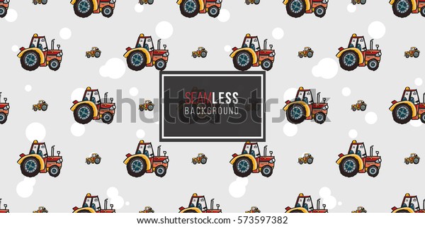 Funny cute hand drawn kids\
toy transport. Baby bright cartoon tractor, car, truck, droll\
wheels, let\'s work, vroom vroom vector seamless pattern on light\
background. 