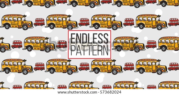 Funny cute hand
drawn kids toy transport. Baby bright cartoon bus, tractor, car,
truck, droll wheels, let's work, vroom vroom vector seamless
pattern on light background.
