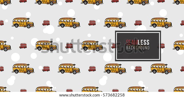 Funny cute hand\
drawn kids toy transport. Baby bright cartoon bus, tractor, car,\
truck, droll wheels, let\'s work, vroom vroom vector seamless\
pattern on light background.\
