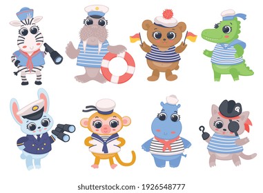 Gracioso conjunto de marineros dibujados a mano, con ilustración vectorial plana aislada en fondo blanco. Animales adorables chilenos en camisetas y gorras marinas.