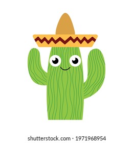 Funny cute hand-drawn cactus boy in sombrero white isolated stock vector illustration. Kawaii cartoon character succulent plant vector illustration