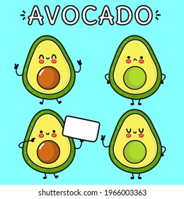 Funny cute happy Avocado characters bundle set. Vector kawaii line cartoon style illustration. Cute Avocado mascot character collection