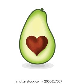 Funny cute happy avocado. Vector flat cartoon character illustration icon. Isolated on white background. Fruit avocado with heart seed inside