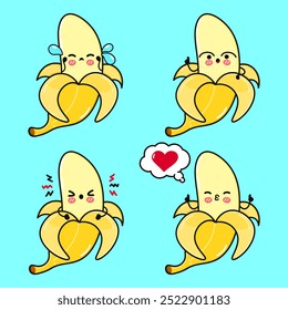 Funny cute happy Banana characters bundle set. Vector hand drawn doodle style cartoon character illustration. Isolated on blue background. Banana mascot character collection
